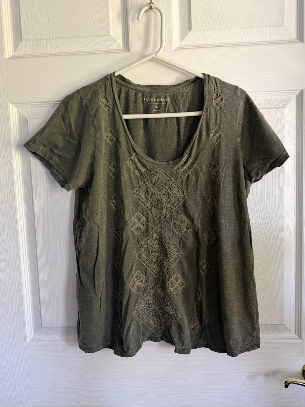 Lucky Brand Olive Short-Sleeve V-Neck Top with Diamond Embroidery